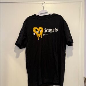 Palm Angels Black Tee with Yellow Heart Graphic